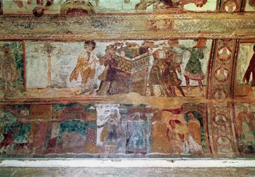 Der Bau des Turms von Babel (oberes Register); Das Treffen von Joseph und Potiphars Frau und Josephs Einwurf ins Gefängnis (unteres Register), aus dem Kirchenschiffgewölbe, ca. 1100